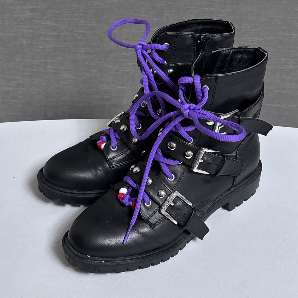 GUESS Combat Boots 6.5 Black Leather Studded Buckle Straps Lug Sole Punk Cosplay